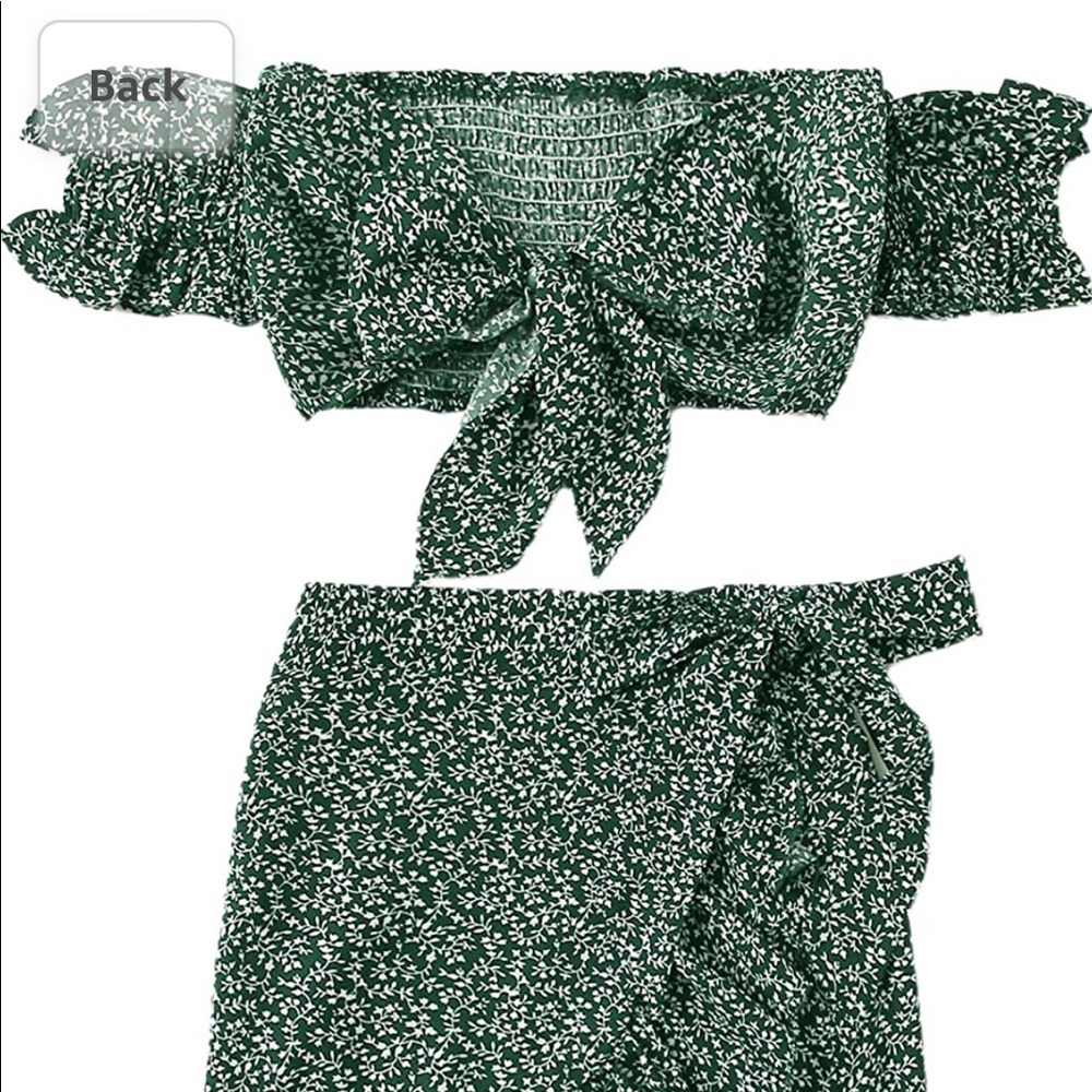 Green and white floral skirt set